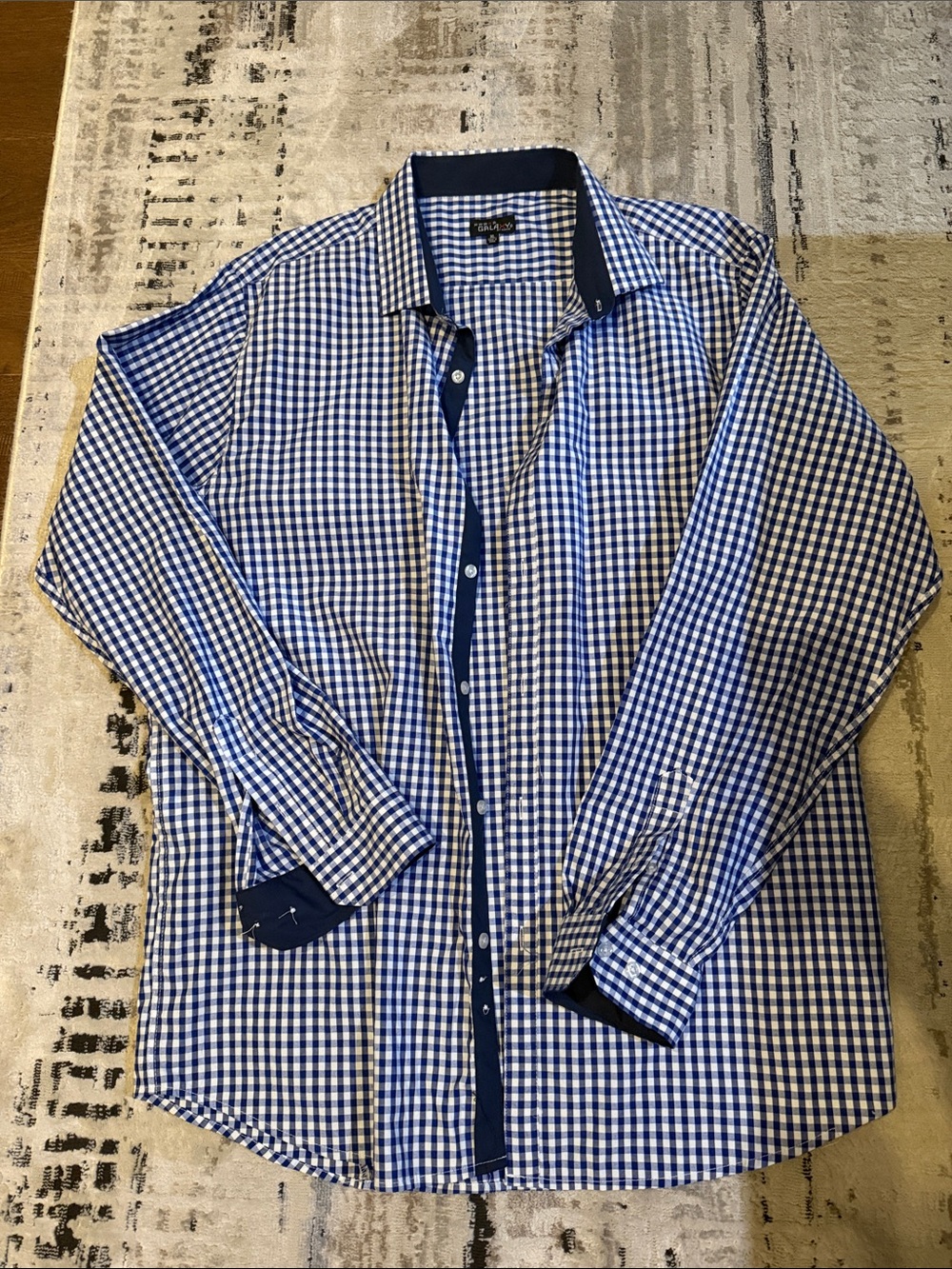 Galaxy By Harvic Blue Gingham Dress Shirt with Navy Trim